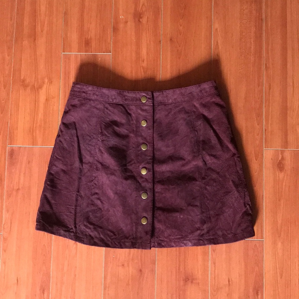 Burgundy Suede Leather Button up Mini Skirt